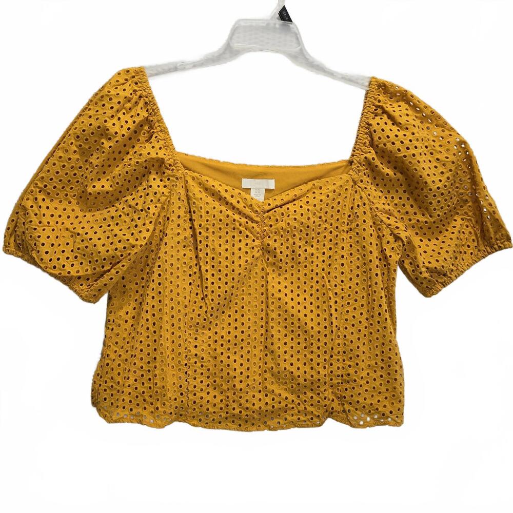 H&M Women's Orang Lined Puff Sleeves Sweetheart Neckline Eyelet Top Size XL